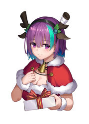  absurdres alternate_costume antlers aqua_hair bell black_hairband blue_hair blush box breasts capelet christmas cleavage closed_mouth colored_inner_hair commentary cropped_torso eyelashes eyes_visible_through_hair fake_antlers female fur-trimmed_capelet fur_cuffs fur_trim gift gift_box hair_between_eyes hairband hands_up highres holding holding_gift horns ibaraki_rino incoming_gift large_breasts looking_at_viewer medium_hair multicolored_hair neck_bell parquet_(yuzusoft) purple_eyes purple_hair qumai79 reindeer_antlers santa_capelet santa_costume simple_background smile solo streaked_hair tsurime white_background white_wrist_cuffs wrist_cuffs 