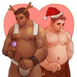  2boys antlers armpit_hair armpit_hair_peek bara belly bulge christmas dark-skinned_male dark_skin excessive_pubic_hair facial_hair feet_out_of_frame hat heart heart_background horns jockstrap large_hands large_pectorals long_sideburns male_focus male_underwear mature_male multiple_boys muscular muscular_male nipples original pectorals pig-ddd plump pubic_hair red_headwear reindeer_antlers santa_costume santa_hat short_hair sideburns sideburns_stubble sparse_arm_hair standing stubble thick_eyebrows thick_navel_hair underwear yaoi 