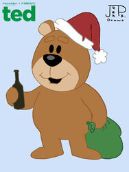  2023 absurd_res anthro beer_bottle beverage black_nose blue_background bottle brown_body brown_fur christmas container digital_drawing_(artwork) digital_media_(artwork) english_text fur green_bag hi_res holding_beverage holding_object holidays juanpadraws living_toy logo male open_mouth plushie signature simple_background solo style_emulation ted_(movie) ted_(ted) teddy_bear text 