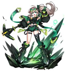  :d absurdres artist_request belt black_bow black_footwear black_gloves black_jacket boots bow brown_hair dot_nose earrings elsword eyewear_on_head female full_body gem gembliss_(elsword) gloves gradient_legwear green-tinted_eyewear green_eyes green_gloves green_shorts green_socks hairbow highres holding holding_pickaxe jacket jewelry knee_boots kneehighs legs_apart lithia_beryl_(elsword) long_hair looking_at_viewer multicolored_clothes multicolored_gloves navel official_art open_mouth pickaxe shorts single_kneehigh single_sock single_thighhigh smile socks solo standing thighhighs thighlet tinted_eyewear transparent_background v 