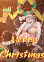  1boy absurdres bara bare_pectorals beard belly bulge christmas christmas_wreath cross-laced_clothes cross-laced_legwear dwarf facial_hair foot_out_of_frame full_beard hat highres huge_eyebrows large_pectorals leng_xiaoyu long_beard male_focus mature_male merry_christmas moustache muscular muscular_male nipples old old_man original pectorals plump pointy_ears red_hat santa_costume santa_hat short_hair sitting solo thick_chest_hair thick_navel_hair white_hair wreath 