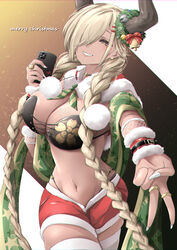  alternate_costume asymmetrical_bangs azur_lane bell bikini black_bikini braid breasts capelet cellphone criss-cross_strings dark-skinned_female dark_skin earrings english_text female fishnet_sleeves fishnets green_scarf grin gudon_(iukhzl) gyaru_v hair_ornament hair_over_one_eye hairclip head_wreath highleg highres holding holding_phone horn_ornament horns jewelry jingle_bell large_breasts looking_at_viewer merry_christmas mole mole_under_mouth navel owari_(azur_lane) phone pom_pom_(clothes) red_capelet red_shorts red_wrist_cuffs ring sakura_empire_(emblem) scarf short_shorts shorts smartphone smile solo stomach stud_earrings swimsuit thighhighs thighs twin_braids v white_nails white_thighhighs wrist_cuffs yellow_eyes 