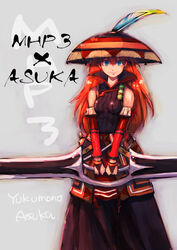  alternate_costume bare_shoulders blue_eyes boyaking bridal_gauntlets commentary_request cosplay female hat long_hair monster_hunter_(series) monster_hunter_portable_3rd neon_genesis_evangelion orange_hair photoshop_(medium) rebuild_of_evangelion smile solo souryuu_asuka_langley weapon yukumo_(armor) 