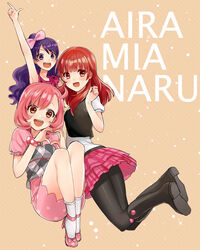  3girls ageha_mia ayase_naru black_legwear commentary_request harune_aira heart heart_hands long_hair multiple_girls pantyhose photoshop_(medium) pink_hair pretty_rhythm pretty_rhythm_aurora_dream pretty_rhythm_dear_my_future pretty_rhythm_rainbow_live pretty_series purple_eyes purple_hair red_eyes red_hair rinhachi smile 