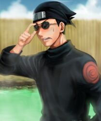  1boy bad_id bad_pixiv_id bandana black_hair blush cellnpa ebisu_(naruto) forehead_protector male_focus naruto naruto_(series) open_mouth solo sunglasses water 