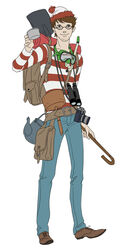  1boy backpack bag belt binoculars brown_hair camera cane commentary_request facial_hair full_body gb_(doubleleaf) glasses hat male_focus pants photoshop_(medium) shirt shoes shovel simple_background smile snorkel solo striped_clothes striped_shirt stubble wally_(where&#039;s_wally) where&#039;s_wally white_background 