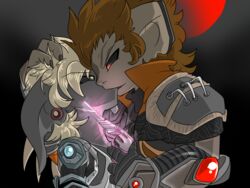  4:3 asura cybernetic_arm cybernetic_limb cybernetics duo ear_piercing enjoyment fan_character glare grabbing guild_wars gun hair hair_grab hate hi_res humanoid inkk kissing lheott love machine mammal piercing ranged_weapon relationship romantic romantic_couple stare threatening touching_hair twili_z weapon 