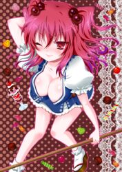  ;) arm_up bad_id bad_pixiv_id bobby_socks breasts candy cherry cleavage female food fruit hair_bobbles hair_ornament holding holding_scythe ice_cream jelly_bean large_breasts leaning_forward looking_at_viewer momose_rin okobo one_eye_closed onozuka_komachi puffy_short_sleeves puffy_sleeves red_eyes red_hair sandals scythe short_hair short_sleeves smile socks solo touhou two_side_up white_socks 