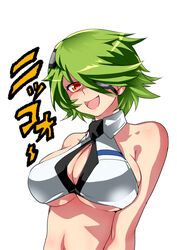  bad_id bad_pixiv_id breasts center_opening cleavage_cutout clothing_cutout eyepatch female fujisawa_takashi green_hair large_breasts open_mouth orange_eyes otonashi_kiruko shinmai_fukei_kiruko-san short_hair sideboob simple_background smile solo underboob white_background 