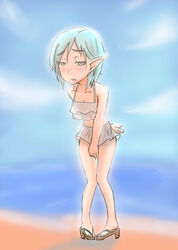  blue_hair blush commentary_request elf female full_body grandia grandia_xtreme inukowai pointy_ears sandals short_hair solo standing swimsuit titto_(grandia) 