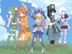  5girls :o adjusting_eyewear alternate_costume armor arrow_(projectile) bag bandana_around_arm belt black_hair black_pantyhose blue_eyes blue_hair blue_skirt blue_sky blush boots bow bow_(weapon) breastplate brown_belt brown_footwear cloud cloudy_sky coat collared_shirt commentary_request creator_connection crescent crescent_earrings crop_top daijoyuu-san_(synthesizer_v) day dear_my_witchcraft_(vocaloid) drop_earrings earrings expressionless fanny_pack faulds fist_in_hand full_body garter_straps gauntlets glasses gloves grass green_eyes green_footwear green_hair green_shirt green_shorts green_skirt green_tabard green_thighhighs grey_pants hairbow half-closed_eyes hat heart heart_arrow high_heel_boots high_heels highres holding holding_arrow holding_bow_(weapon) holding_shield holding_staff holding_sword holding_weapon hood hooded_coat iyowa_girls jewelry kinki-chan_(iyowa) kneehighs legs_together lineup long_hair long_skirt looking_at_viewer mage_staff medium_hair midriff multiple_girls multiple_hair_bows open_clothes open_coat orange_coat orange_eyes orange_hair orange_headwear orange_scarf orange_skirt orange_socks outdoors over!_(vocaloid) pants pants_under_skirt pantyhose pauldrons pearl_earrings pigeon-toed pleated_skirt poleyn ponytail profile purple_bandana purple_eyes purple_gloves purple_shirt purple_shorts purple_thighhighs quiver ribbed_socks ribbed_thighhighs sabaton sanpaku scarf scowl shield shirt short_shorts shorts shoulder_armor shoulder_bag skirt sky sleeveless sleeveless_shirt sleeveless_turtleneck socks songover staff standing sword synthesizer_v tabard tabun_owari_(vocaloid) tawari_(iyowa) thigh_boots thighhighs turtleneck v-shaped_eyebrows vocaloid waist_cape watashi_wa_kinki_(vocaloid) wavy_hair weapon white_bow white_hair white_shirt witch_hat yuu_(iyowa) zako_(zakodayo00) 