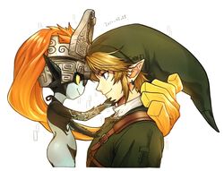  armor blonde_hair blue_eyes clothing duo elf eye_contact female green_clothing green_hat green_headwear hair hand_on_face hat headgear headwear helmet humanoid humanoid_pointy_ears hylian imp light_body light_skin link looking_at_another male male/female markings midna nintendo not_furry pointy_hat prehensile_hair red_eyes simple_background smile the_legend_of_zelda tnp twili twilight_princess 