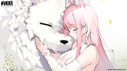  absurdres animal animal_ear_fluff animal_ears animal_hug armpit_crease bare_shoulders blush breasts closed_eyes closed_mouth commentary_request copyright_name dduck_kong detached_sleeves extra_ears female fingernails goddess_of_victory:_nikke highres leona_(nikke) long_hair official_art pink_hair shirt sideboob sideless_outfit sideless_shirt simple_background smile timi_(nikke) upper_body white_background white_shirt white_sleeves 