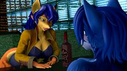  16:9 2022 3d_(artwork) 4k absurd_res anthro blue_body blue_fur blue_hair bottle breasts canid canine carmelita_fox clothed clothing colored_nails container coriponer dialogue digital_media_(artwork) duo ear_piercing ear_ring english_text female fox fur hair hi_res krystal_(star_fox) lips mammal nails nintendo piercing red_lips red_nails ring_piercing sly_cooper_(series) sony_corporation sony_interactive_entertainment source_filmmaker_(artwork) star_fox sucker_punch_productions tail text warfare_carmelita warfare_krystal warfare_machine widescreen 