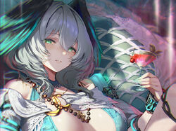  aqua_eyes aqua_nails aqua_wings arknights bead_necklace beads breasts cherry cocktail_glass cup drinking_glass female food fruit green_one-piece_swimsuit grey_hair hair_between_eyes head_wings highres ho&#039;olheyak_(arknights) holding holding_cup jewelry large_breasts looking_at_viewer necklace one-piece_swimsuit solo swimsuit takechi_akinobu two-tone_wings upper_body wings 