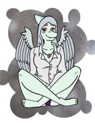  5_toes alpha_channel amber_(gem) amber_(material) amber_eyes anthro blue_body blue_scales bone_frill breasts cavemanon_studios cleavage clothed clothing dress_shirt extinct eyeshadow fang_(gvh) feathered_wings feathers feet female frill_(anatomy) goodbye_volcano_high grey_body grey_feathers hair head_crest head_frill hi_res humanoid_feet jewelry looking_at_viewer makeup necklace panties plantigrade prehistoric_species pterodactylus pterosaur purple_clothing purple_panties purple_underwear reptile scales scalie shirt silver_hair simple_background sitting smile snoot_game solo striped_frill theviktor toes topwear transparent_background underwear wings 