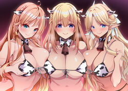  3girls absurdres animal_ears animal_print asymmetrical_docking azur_lane bell blonde_hair blue_eyes braid breast_press breasts brest_(azur_lane) cleavage color_connection commentary_request cow_ears cow_girl cow_print cowbell crossover detached_collar hair_color_connection highres howe_(azur_lane) long_hair look-alike multiple_girls neptune_(series) orange_hair origami_aya pointy_ears shiny_skin smile upper_body vert_(neptunia) very_long_hair 