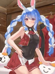  animal_ear_fluff animal_ears arrow_through_heart ascot black_leotard blue_hair blue_nails braid breasts carrot coat cosplay covered_navel crop_top cropped_jacket eyepatch female gold_trim highres hololive houshou_marine houshou_marine_(1st_costume) houshou_marine_(cosplay) jacket leotard leotard_under_clothes long_hair medium_breasts miniskirt multicolored_hair open_mouth orange_eyes pekomon_(usada_pekora) pendora1022 pleated_skirt rabbit_ears rabbit_girl red_ascot red_coat red_jacket red_skirt short_eyebrows skirt thick_eyebrows thighhighs twin_braids unworn_coat usada_pekora virtual_youtuber white_hair 