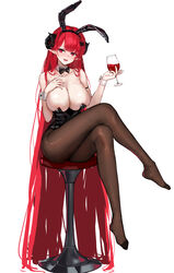  absurdly_long_hair absurdres alcohol animal_ears azur_lane bar_stool black_horns black_leotard bow bowtie breasts brown_pantyhose chinese_commentary cleavage commentary_request crossed_legs cup curled_horns detached_collar drinking_glass fake_animal_ears female full_body hair_ornament hand_on_own_chest highres hindenburg_(azur_lane) hindenburg_(delirious_duel)_(azur_lane) holding holding_cup horns huge_breasts huijin_zhi_ling leotard long_hair official_alternate_costume pantyhose playboy_bunny pointy_ears rabbit_ears red_eyes red_hair red_wine simple_background sitting solo stool strapless strapless_leotard traditional_bowtie undersized_breast_cup very_long_hair white_background wine wine_glass wrist_cuffs 