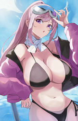  absurdres bikini black_bikini blue_archive blush breasts cleavage cowboy_shot eimi_(blue_archive) eimi_(swimsuit)_(blue_archive) female goggles goggles_on_head higashiwun_izumi highres jacket large_breasts long_hair long_sleeves navel official_alternate_costume open_clothes open_jacket open_mouth pink_eyes pink_hair pink_jacket ponytail scarf side-tie_bikini_bottom solo swimsuit white_scarf 