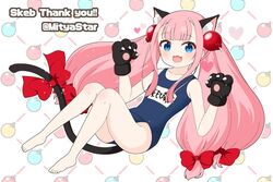  :d animal_ear_fluff animal_ears animal_hands bare_legs bare_shoulders barefoot black_gloves blue_eyes blue_one-piece_swimsuit bomb_hair_ornament bombergirl bow cat_ears cat_girl cat_tail commentary_request commission female full_body gloves hairbow hands_up knees_up long_hair looking_at_viewer mitya momoko_(bombergirl) name_tag oerba_yun_fang old_school_swimsuit one-piece_swimsuit paw_gloves pink_hair red_bow school_swimsuit sidelocks skeb_commission smile solo swimsuit tail tail_bow tail_ornament thank_you twintails twitter_username very_long_hair white_background 