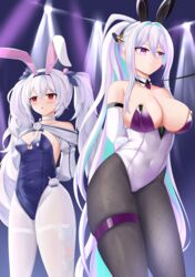  2girls absurdres animal_ear_hairband animal_ears aqua_pupils arms_behind_back azur_lane bare_shoulders blue_leotard breasts cleavage covered_navel crossed_bangs detached_collar elbow_gloves fake_animal_ears fake_tail fishnet_pantyhose fishnets gloves hair_between_eyes hairband highleg highleg_leotard highres kearsarge_(all_night_charge)_(azur_lane) kearsarge_(azur_lane) laffey_(azur_lane) laffey_ii_(azur_lane) laffey_ii_(sleepy_on_a_busy_day)_(azur_lane) large_breasts leash leash_pull leotard long_hair looking_to_the_side multicolored_leotard multiple_girls official_alternate_costume panties pantyhose playboy_bunny ponytail purple_leotard rabbit_ears rabbit_o-ring rabbit_tail red_eyes small_breasts strapless strapless_leotard tail thigh_strap thighband_pantyhose twintails two-tone_leotard undersized_breast_cup underwear white_hair white_leotard white_panties white_pantyhose zdj 