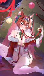  absurdres alternate_costume animal_ears antenna_hair bikini bow breasts christmas_tree cleavage commentary_request cropped_jacket daiwa_scarlet_(umamusume) detached_collar dutch_angle female gold_bikini green_bow hair_between_eyes hair_intakes highres holding holding_ribbon horse_ears horse_girl jacket jitome_no_tsugumi large_breasts legs long_hair looking_at_viewer mouth_hold nail_polish navel no_shoes oerba_yun_fang off-shoulder_jacket off_shoulder on_ground open_clothes open_jacket red_eyes red_hair red_nails ribbon ribbon_between_breasts sitting skin_fang solo swimsuit thighhighs twintails umamusume very_long_hair white_thighhighs yokozuwari 