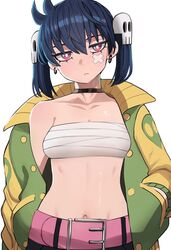  :&lt; bare_shoulders belt belt_buckle black_choker blue_hair breasts buckle choker closed_mouth collarbone commentary crossed_bandaids earrings english_commentary eyebrows_hidden_by_hair female green_jacket hair_between_eyes hair_ornament hand_in_pocket highres jacket jewelry ji-yoon_(jourd4n) jourd4n long_sleeves looking_at_viewer medium_breasts navel off_shoulder open_clothes open_jacket original pink_belt puffy_long_sleeves puffy_sleeves red_eyes sarashi short_hair simple_background skull_hair_ornament solo standing twintails white_background 