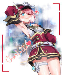  absurdres aqua_eyes arm_over_head arm_up armpits blue_brooch blue_gemstone blurry blurry_background blush breasts brooch cabbie_hat character_name charlotte_(genshin_impact) closed_mouth cowboy_shot detached_sleeves english_commentary female gem genshin_impact gloves hat heart highres hot jewelry jimi_paradise lace-up_sleeves light_smile lips long_bangs looking_at_viewer miniskirt one_eye_closed pink_hair presenting_armpit red_hat red_skirt salute shirt short_hair simple_background skirt sleeveless sleeveless_shirt small_breasts smelly_armpits smile solo sparkle steam steaming_body sweat sweat_stain sweaty_armpits thigh_strap thighs two-finger_salute vision_(genshin_impact) white_gloves white_shirt 