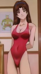  absurdres breasts brown_eyes brown_hair cleavage female golden_boy highres katsuda_naoko looking_at_viewer medium_breasts one-piece_swimsuit resized solo swimsuit upscaled waifu2x 