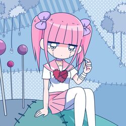  bandaged_arm bandages black_eyes blue_background blunt_bangs bow collar crying ezaki_bisuko female hairbow heart hexagram holding holding_needle jewelry jitome menhera-chan_(ezaki_bisuko) menhera-chan_(ezaki_bisuko)_(character) necklace needle official_art pink_hair pink_sailor_collar pink_skirt pleated_skirt purple_bow purple_collar sailor_collar school_uniform self-harm_scar serafuku short_twintails sidelocks sitting skirt solo star_of_david stitches tears twintails weaving white_serafuku 