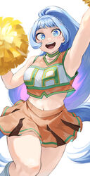  :d absurdres arm_up armpits blue_eyes blue_hair boku_no_hero_academia breasts cheerleader female fengling_(furin-jp) hadou_nejire highres holding holding_pom_poms long_hair looking_at_viewer medium_breasts midriff navel orange_skirt pom_pom_(cheerleading) round_teeth simple_background skirt smile solo teeth thighs u.a._cheerleader_uniform upper_teeth_only very_long_hair white_background 