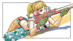  aiming artist_name ass asymmetrical_legwear blonde_hair blue_eyes blush_stickers breasts closed_mouth commentary crop_top cropped_shirt curvy english_commentary female gloves green_gloves groin gun headphones hibari_(one_piece) highres holding holding_gun holding_weapon horizontal-striped_thighhighs iury_padilha large_breasts long_hair low_ponytail lying midriff military_uniform navel one_eye_closed one_piece ponytail rifle scope short_sleeves simple_background sniper_rifle socks solo striped_clothes striped_socks striped_thighhighs thighhighs thighs uniform v-shaped_eyebrows weapon white_background yellow_background 