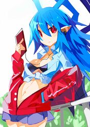  antenna_hair bikini bikini_top_only black_bikini blue_hair blue_skirt breasts closed_mouth cowboy_shot demon_girl disgaea disgaea_d2 earphones female genderswap_(mtf) hair_between_eyes highres holding holding_phone hood hooded_jacket jacket jacket_on_shoulders laharl laharl-chan long_hair looking_at_viewer medium_breasts miyakawa106 navel open_clothes open_jacket open_mouth outdoors phone pleated_skirt pointy_ears red_eyes red_jacket rule_63 short_hair skirt solo standing swimsuit very_long_hair 