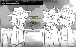  ambiguous_gender anthro asian_clothing avian bandana bird bodily_fluids cactus canid canine ceroba_ketsukane clothed clothing clover_(undertale_yellow) cowboy_hat desert detailed_background dialogue east_asian_clothing eyewear female fox glasses group hair hat headgear headwear hi_res human japanese_clothing jishiru kerchief kimono lens_flare lizard looking_at_another male mammal martlet_(undertale_yellow) monochrome monster overalls plant reptile scalie shrub spanish_text starlo_(undertale_yellow) sweat sweatdrop text text_box translation_check translation_request tumbleweed undertale_yellow 