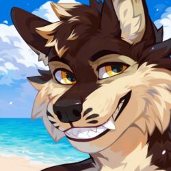  1:1 anthro beach blue_sky brown_body brown_fur bust_portrait canid canine canis cheek_tuft cloud corzh77 facial_tuft fangs fur glistening glistening_eyes grin hi_res inner_ear_fluff looking_at_viewer male mammal outside portrait seaside sky smile solo tan_body tan_fur tan_inner_ear_fluff tazz_(tazzthewolf) teeth tuft water wolf yellow_eyes 