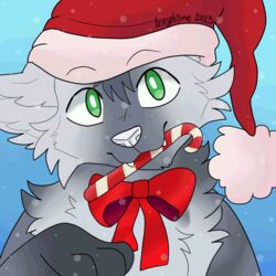  1:1 animated anthro bow_(bowhuskers) bow_accessory candy canid canine canis christmas christmas_clothing christmas_headwear clothing dessert fangs festive food green_eyes hat headgear headwear hi_res holidays in_mouth izzyhime male mammal peppermint_(candy) santa_hat short_playtime simple_background solo teeth wolf 