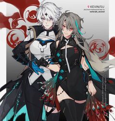  2girls ahoge alternate_costume black_gloves black_thighhighs breasts character_name closed_mouth corruption earrings english_commentary english_text genderswap_(mtf) gloves hair_between_eyes hair_ornament honkai_(series) honkai_impact_3rd jewelry kevin_kaslana large_breasts long_hair long_sleeves looking_at_another multicolored_hair multiple_girls open_hand peacock_feathers pixiv_username red_eyes rule_63 s_dovetail short_hair star_(symbol) star_hair_ornament streaked_hair su_(honkai_impact) thighhighs twitter_username white_hair 