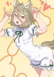  animal_ear_fluff animal_ears blonde_hair blush breasts covered_navel covered_nipples cowboy_shot double_fox_shadow_puppet female fox_ears fox_girl fox_shadow_puppet fox_tail green_ribbons hair_between_eyes heart highres kudamaki_tsukasa light_brown_hair looking_at_viewer medium_hair open_mouth ribbon romper short_sleeves sleeve_garter small_breasts smile sobayu_to_tenpura solo tail touhou white_romper yellow_background 