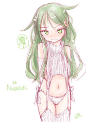  alternate_costume aran_legwear cable_knit character_name crescent crescent_hair_ornament detached_sleeves embarrassed female garter_straps green_eyes green_hair hair_flaps hair_ornament kantai_collection koshigaya_tatsumi long_hair meme_attire nagatsuki_(kancolle) one-hour_drawing_challenge panties ribbed_legwear ribbed_panties ribbed_sleeves ribbed_sweater ribbed_thighhighs side-tie_panties simple_background sleeveless sleeveless_sweater sleeveless_turtleneck solo spoken_squiggle squiggle standing sweater turtleneck turtleneck_sweater underwear virgin_destroyer_sweater white_background white_garter_straps white_panties white_sweater 