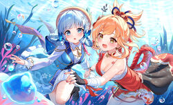  2girls absurdres arm_tattoo bandaged_arm bandaged_hand bandages blonde_hair blue_dress blue_eyes blue_hair blush breasts butterfly_hair_ornament chest_sarashi chest_tattoo choker dress flower genshin_impact hadanugi_dousa hair_flower hair_ornament hat highres holding_hands japanese_clothes kamisato_ayaka kamisato_ayaka_(springbloom_missive) kimono lalazyt large_breasts light_blue_hair long_sleeves looking_at_viewer md5_mismatch medium_breasts mole mole_under_eye multiple_girls official_alternate_costume official_alternate_hairstyle open_mouth orange_kimono ponytail resolution_mismatch sarashi smile source_larger tattoo underwater yellow_eyes yoimiya_(genshin_impact) 