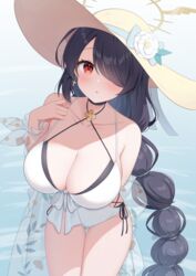  bare_arms bare_legs bare_shoulders black_hair black_one-piece_swimsuit blue_archive blush braid breasts cleavage collarbone cowboy_shot female hair_over_one_eye halo hat highres hinata_(blue_archive) hinata_(swimsuit)_(blue_archive) kurumi_lm large_breasts long_hair official_alternate_costume one-piece_swimsuit red_eyes single_braid solo straw_hat swimsuit very_long_hair white_one-piece_swimsuit yellow_halo 