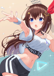  absurdres black_shorts blue_eyes breasts brown_hair crop_top cropped_shirt female flying_sweatdrops hair_ornament highres hololive hololive_dance_practice_uniform long_hair medium_breasts midriff navel nushiya_(ayihsem) official_alternate_costume shirt shorts star_(symbol) star_hair_ornament sweat tokino_sora virtual_youtuber white_shirt white_wristband 