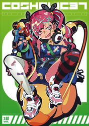  arm_tattoo bandaid bandaid_on_clothes bandaid_on_face bandaid_on_knee bandaid_on_leg bow bowtie choker ear_piercing female green_background green_bracelet headphones highres hood hoodie mismatched_socks multicolored_hair multicolored_nails nail_polish naughty_face non-web_source original partially_unzipped piercing pink_eyes pink_hair rubber_duck shoes sneakers streaked_hair tattoo thighhighs twintails watanabe_akio water_gun 