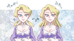  alternate_hairstyle blonde_hair blue_eyes braid braided_ponytail breasts choker cleavage closed_mouth female glacia_(pokemon) gloves hair_down ivory_(25680nico) looking_at_viewer low-cut medium_hair multiple_braids own_hands_together pokemon pokemon_oras quad_tails smile twitter_username upper_body white_choker white_gloves 