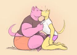  anthro belly canid canine clothing clothing_pull crossed_legs duo heart_symbol hi_res kiss_on_lips kissing kneeling male male/male mammal motion_lines overweight overweight_anthro overweight_male sertralion shocked size_difference smaller_male surprised_expression tail tail_motion tailwag thick_thighs 