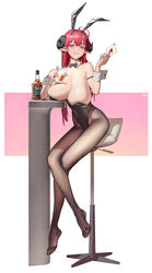  absurdres ace_(playing_card) ace_of_hearts ahoge alcohol animal_ears arm_strap azur_lane bare_shoulders black_horns black_leotard bow bowtie breasts brown_pantyhose card cleavage covered_navel cup curled_horns detached_collar fake_animal_ears female full_body fushe heart highleg highleg_leotard highres hindenburg_(azur_lane) hindenburg_(delirious_duel)_(azur_lane) holding holding_card holding_cup horns huge_ahoge huge_breasts leotard long_hair looking_at_viewer official_alternate_costume pantyhose pink_background playboy_bunny playing_card pointy_ears rabbit_ears red_eyes red_hair sagging_breasts sitting smile solo strapless strapless_leotard traditional_bowtie two-tone_background undersized_breast_cup whiskey white_background wrist_cuffs 