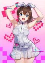  arms_up belt blue_eyes brown_hair collarbone commentary cowboy_shot dress earrings english_commentary female gloves hands_on_own_head heart heart_arms high_ponytail highres idol idolmaster idolmaster_million_live! idolmaster_million_live!_theater_days jewelry kamille_(vcx68) legs_together looking_at_viewer medium_hair open_mouth pleated_dress ponytail revision satake_minako short_dress sleeveless sleeveless_dress smile solo standing white_belt white_dress white_gloves 