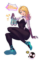  absurdres artist_name blonde_hair blue_footwear bodysuit commentary_request english_text female full_body gwen_stacy highres holding ling_luo_xi_yang looking_at_viewer marvel multicolored_hair pink_hair shoes simple_background skin_tight spider-gwen spider-man:_into_the_spider-verse spider-man_(miles_morales) spider-man_(series) spider-verse streaked_hair teeth two-tone_hair white_background 