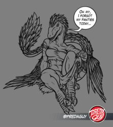  anthro bottomwear clothed clothing clothing_lift digitigrade dinosaur dromaeosaurid english_text extinct feathered_dinosaur feathered_dromaeosaurid feathered_scalie feathered_tail feathers female loincloth long_tail predaguy prehistoric_species reptile scalie sitting smile solo tail teasing text theropod thick_tail uthalla velociraptor wings 